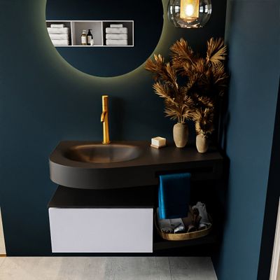 MONDIAZ RIVA 100cm badmeubel onderkast / planchet kleur Cale met 1 lade. Wastafel DULCET links 1 kraangat kleur Urban.