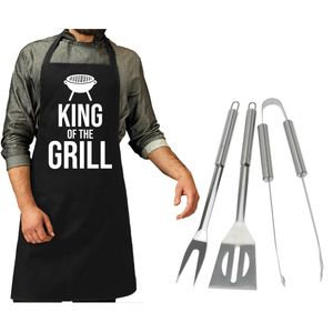 BBQ/barbecue gereedschap set 3-delig RVS met zwart schort King of the grill - Barbecuegereedschapset