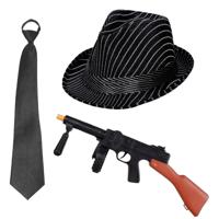 Gangster/maffia/roaring Twenties verkleed set - gleufhoed zwart - stropdas en machinegeweer