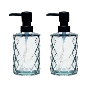 Luxe zeeppompje/dispenser Diamond - 2x - Misty transparant - glas - 18 x 7 cm - 410 ml