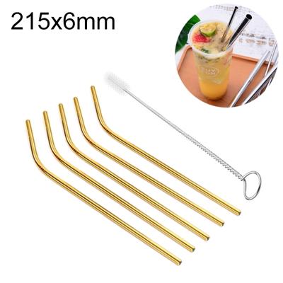 5 stuks herbruikbare RVS gebogen drinken stro + Cleaner borstel set Kit 215 * 6mm (goud)