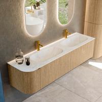 Badmeubel Mondiaz Kurve-Dlux | 175 cm | Meubelkleur Oak | Wastafelkleur Opalo | Solid surface | Dubbele spoelbak | 2 kraangaten