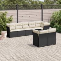 8-delige Loungeset met kussens poly rattan zwart