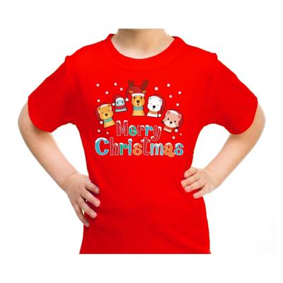 Kersttrui t-shirt - kinderen - dierenvriendjes - Merry christmas - rood - kerstkleding