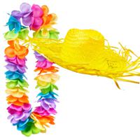 Carnaval verkleedset - Tropical Hawaii party - strohoed - en volle bloemenslinger multi colours