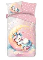 Good Morning Kinderdekbedovertrek "eenhoorn slapend op een maan" - Roze - (140x200/220 cm) - Katoen