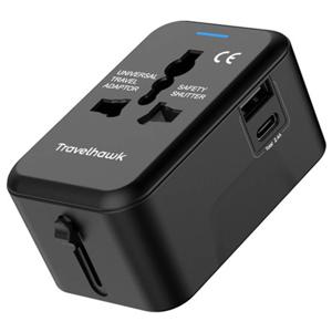 TravelHawk Universele Wereldstekker met USB-C en USB Poort - Reisstekker - Internationale Reisstekker voor 150+ landen -