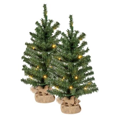 Bellatio Decorations kunst kerstboom - 2x - H60 cm - met kerstverlichting - kunstboom