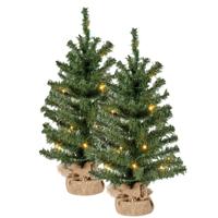 Bellatio Decorations kunst kerstboom - 2x - H60 cm - met kerstverlichting - kunstboom