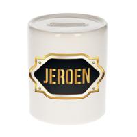 Spaarpot met voornaam Jeroen - wit - goud/zwart embleem - 8 x 9 cm - keramiek - afsluitdop