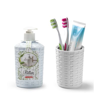 Zeep pompje/dispenser en tandenborstel/tandpasta houder set wit