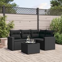 5-delige Loungeset met kussens poly rattan zwart