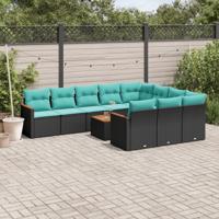 11-delige tuinbankset met kussens, zwart polyrotan