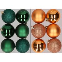 12x stuks kunststof kerstballen mix van donkergroen en koper 8 cm   -