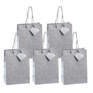 Set van 12x stuks luxe papieren giftbags/cadeau tasjes zilver met glitters 17 x 23 x 9 cm