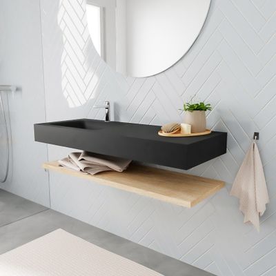 Mondiaz Alan badmeubel 120 cm planchet washed oak vrijhangend wastafel links 1 kraangat zwart