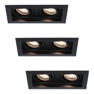 HOFTRONIC™ Set van 3 Durham Inbouwspots Dubbel Zwart - GU10 5 Watt 400 lumen - 4000K Neutraal wit - Kantelbaar - IP20 - Rechthoek