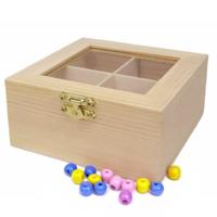 Hobby/kralen opbergdoos - 4-vaks - naturel - hout - 12 x 12 x 5 cm - knutselspullen opbergen