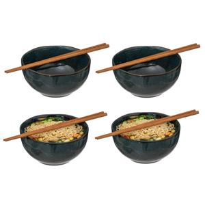 Pokebowl/noedels servies - 4x stuks kommetjes met chopsticks - kunststeen - jade groen