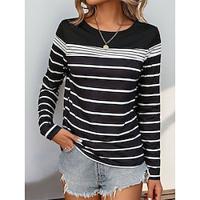 Dames T-shirt Gestreept Afdrukken Dagelijks Casual Lange mouw Strakke ronde hals Zwart Lente Herfst Lightinthebox - thumbnail