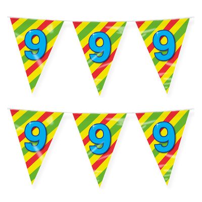 Verjaardag 9 jaar thema vlaggetjes - 2x - feestversiering - 10m - folie - dubbelzijdig