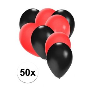 50x ballonnen - 27 cm - zwart / rode versiering