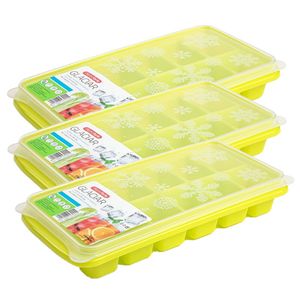 3x stuks Trays met ijsblokjes/ijsklontjes vormpjes 12 vakjes kunststof groen met deksel - IJsblokjesvormen