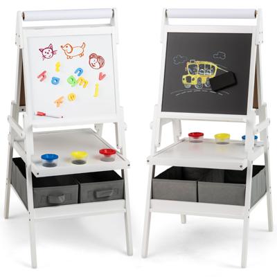 3-In-1 Kinderezel Dubbelzijdige Staande Ezel met Schoolbord en Whiteboard Papierrol 3 Potten Verf en 2 Opbergbakken voor Kinderen-Wit