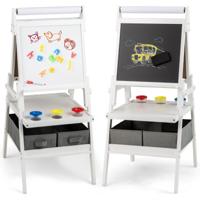 3-In-1 Kinderezel Dubbelzijdige Staande Ezel met Schoolbord en Whiteboard Papierrol 3 Potten Verf en 2 Opbergbakken voor Kinderen-Wit