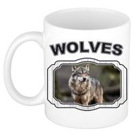 Dieren wolf beker - wolves/ wolven mok wit 300 ml - thumbnail