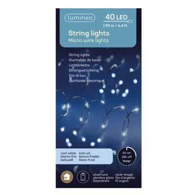 Lumineo draadverlichting - timer - zilverdraad - 40 lampjes - wit licht - 195 cm
