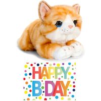 Cadeau setje pluche rood/witte kat/poes knuffel 32 cm met Happy Birthday wenskaart   - - thumbnail