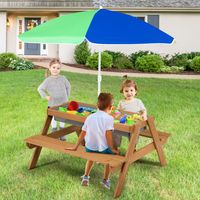 3-In-1 Picknicktafelset met Parasol en Banken voor Kinderen Kindermeubelset voor Tuin Achtertuin Terras Speeltafel Kleurrijk