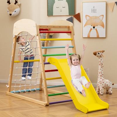 4-In-1 Houten Speeltoestel met Dubbelzijdige Hellingbaan Klimrek Klimnet Klimladder Montessori Indoor Klimspeelset Vloerankers