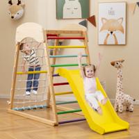 4-In-1 Houten Speeltoestel met Dubbelzijdige Hellingbaan Klimrek Klimnet Klimladder Montessori Indoor Klimspeelset Vloerankers
