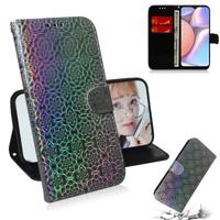 Voor Galaxy A10s effen kleur kleurrijke magnetische Buckle horizontale Flip PU lederen draagtas met houder & kaartsleuven & portemonnee & Lanyard (zil