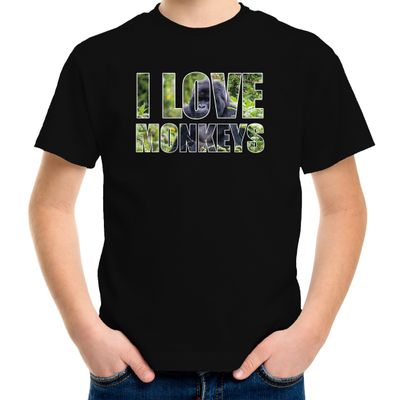 Tekst t-shirt I love monkeys met dieren foto van een gorilla aap zwart voor kinderen Tekst t-shirt I love monkeys met dieren foto van een gorilla aap zwart voor kinderen