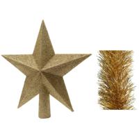 Kerstversiering kunststof glitter ster piek 19 cm en folieslingers pakket goud van 3x stuks - kerstboompieken - thumbnail