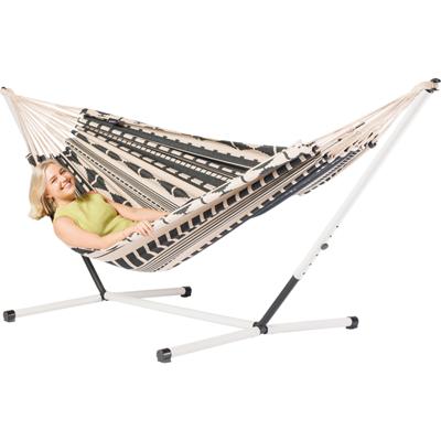 Tweepersoons hangmat met metalen standaard - 350x160cm - Zwart - 120kg draagkracht- 100% katoen - binnen & buiten