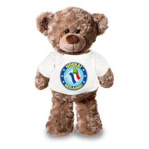 Knuffel teddybeer Hoera Geslaagd! met vlag wit shirt 24 cm