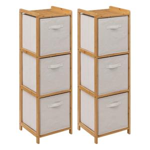 Opbergkast met 3 polyester manden - 2x - 3 lagen - bamboe - beige - 35 x 33 x 109 cm