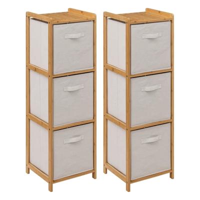 Opbergkast met 3 polyester manden - 2x - 3 lagen - bamboe - beige - 35 x 33 x 109 cm