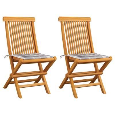Tuinstoelen 2 st met grijs geruite kussens massief teakhout