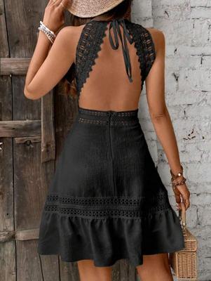 Bon&Bon Black Lace Halter Neck Backless Boho Beach Dress Black / XL