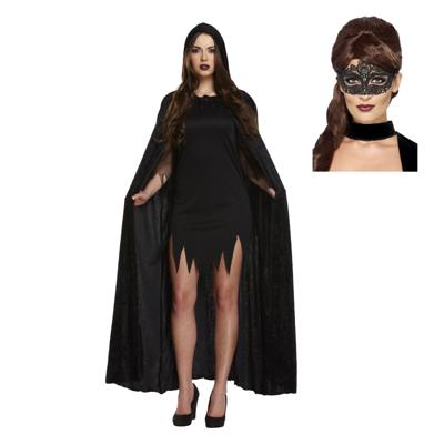 Carnaval gemaskerd bal verkleed set - Oogmasker zwart - Lange cape met capuchon zwart - dames