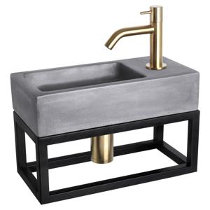 Differnz Ravo fonteinset beton donkergrijs - kraan gebogen - met handdoekrek - 38.5 x 18.5 x 9 cm - mat goud
