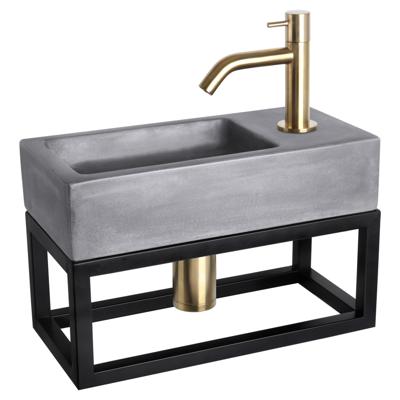 Differnz Ravo fonteinset beton donkergrijs - kraan gebogen - met handdoekrek - 38.5 x 18.5 x 9 cm - mat goud