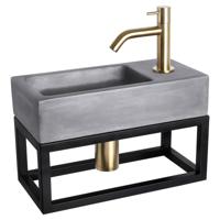 Differnz Ravo fonteinset beton donkergrijs - kraan gebogen - met handdoekrek - 38.5 x 18.5 x 9 cm - mat goud