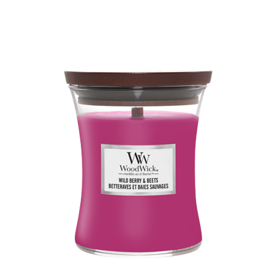 WoodWick Geurkaars Medium Wild Berry & Beets - 11 cm / ø 10 cm - Geurkaars in Glas - Houten Lont