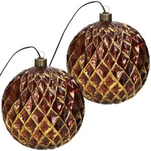 Verlichte kerstballen - 2x st - antiek goud - D15 cm - glas - warm wit